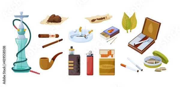 Fototapeta Collection tobacco products. Set of different things and accessories for smoking vector illustration