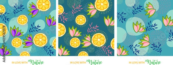 Obraz Floral and fruit elements. Pastel colors. Spring and Summer time. Pineapple  Lemon lovers. Nature. 