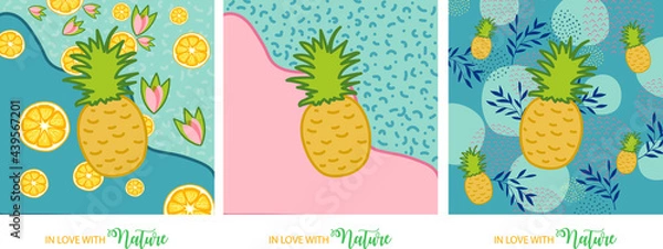 Fototapeta Floral and fruit elements. Pastel colors. Spring and Summer time. Pineapple and Lemon lovers. In love with Nature. 