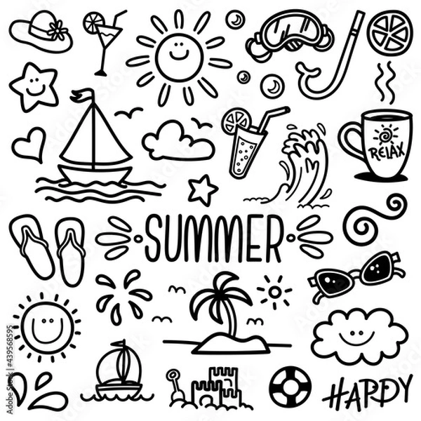 Fototapeta Vacation doodle. Hand drawn summer icon set. Cute cartoon drawing. Coloring page. Vector print illustration