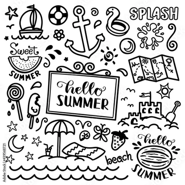 Fototapeta Vacation doodle. Hand drawn summer icon set. Cute cartoon drawing. Coloring page. Vector print illustration