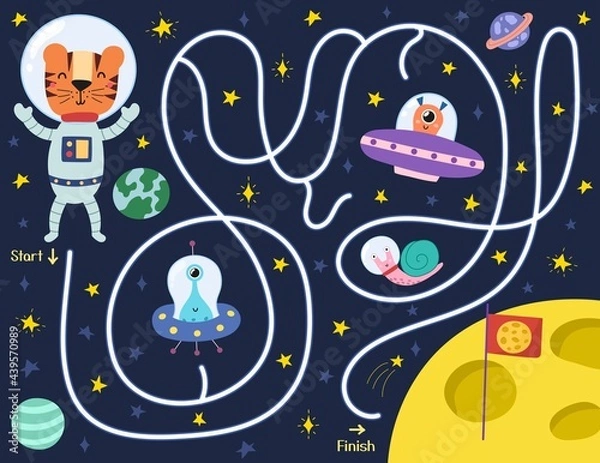 Fototapeta Help a cute tiger find a way to the Moon. Space maze puzzle for kids. Activity page with funny space character.  Mini game for school and preschool. Vector illustration