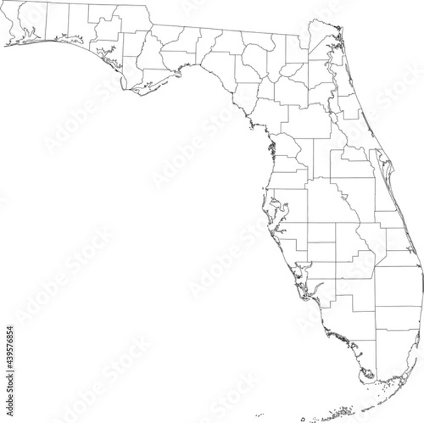 Fototapeta White blank vector map of the Federal State of Florida, USA with black borders of its counties
