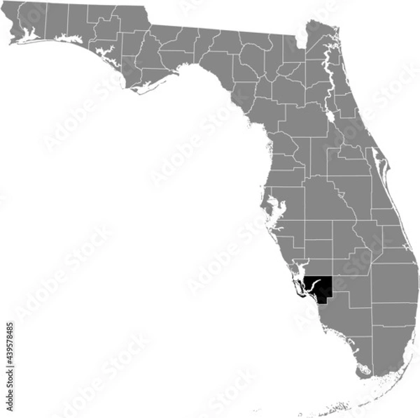 Fototapeta Black highlighted location map of the US Lee county inside gray map of the Federal State of Florida, USA