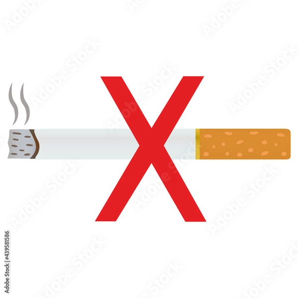 Fototapeta No smoking vector illustration isolated on white. Burning cigarette and cross sign drawing.World tobacco day,stop smoking concept design for banner.