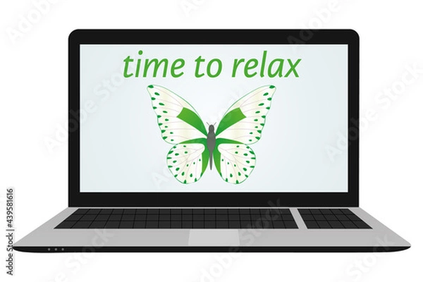 Obraz Abstract time to relax vector illustration in flat cartoon style. Butterfly and text in a laptop computer. Relaxation, comfort, happiness concept.