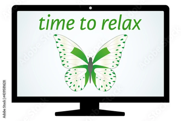 Fototapeta Abstract time to relax vector illustration in flat cartoon style. Butterfly and text in a computer monitor. Relaxation, comfort, happiness concept.