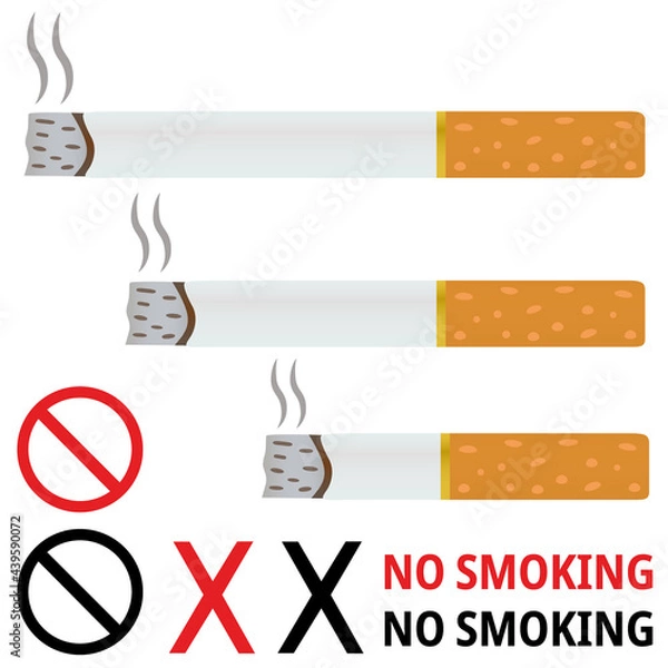 Fototapeta Burning cigarettes vector illustration. Big,small,medium sized burning smokes with prohibit sign. Tobacco day,stop smoking concept design for banner.