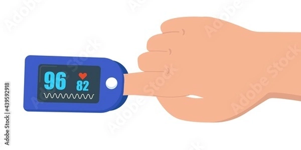 Obraz Pulse oximeter on finger. digital device to measure oxygen saturation