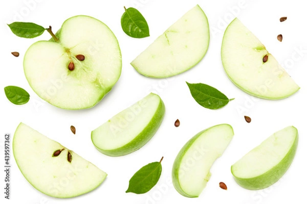 Fototapeta green apple with slices isolated on a white background. top view. clipping path