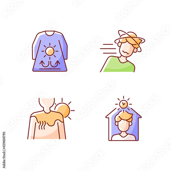Obraz Sunstroke risk during summer RGB color icons set. Long sleeves and loose clothing. Stay inside during heat. Isolated vector illustrations. Sunburn in summer simple filled line drawings collection