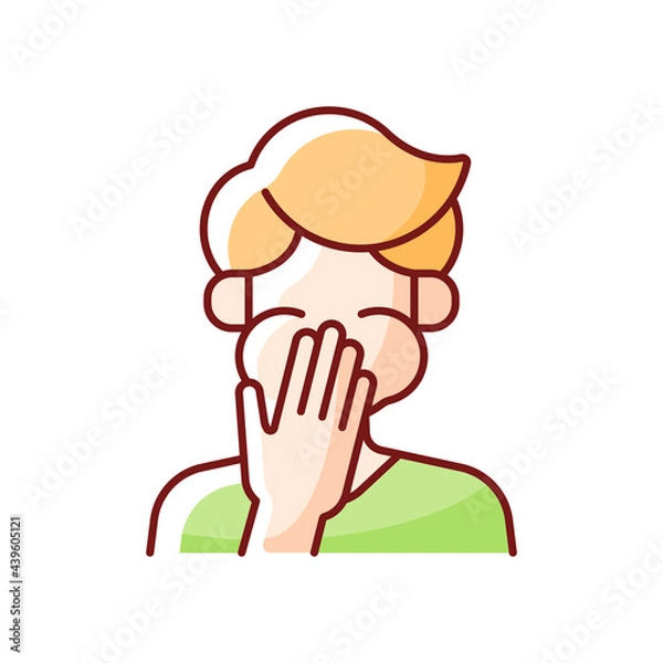 Fototapeta Nausea RGB color icon. Sick person covering mouth. Ill man with stomachache ready to throw up. Heat exhaustion symptom. Isolated vector illustration. Sun stroke simple filled line drawing