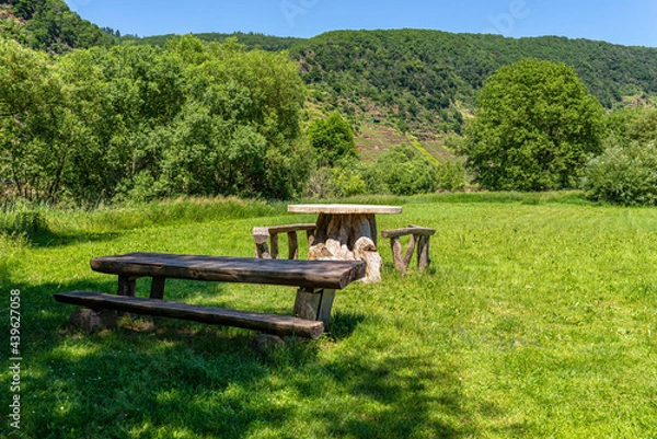 Fototapeta A table made of a tree trunk with a concrete top and wooden seats and long tree table standing on a meadow by the river.