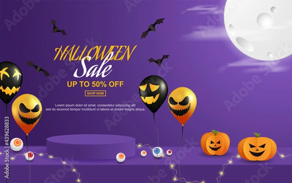 Fototapeta Sale halloween background. halloween offer design template with podium display product.