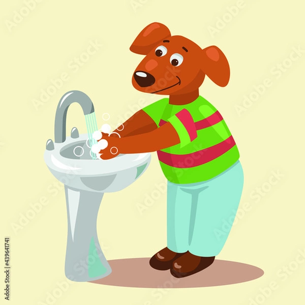 Obraz Illustration of a cute dog, washing hands in the sink. Cartoon illustration.