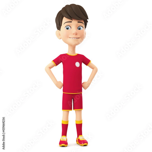 Fototapeta Cheerful cartoon character boy in sports uniform stands. 3d render illustration.