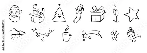 Fototapeta Set of cute hand drawn christmas cartoon icons