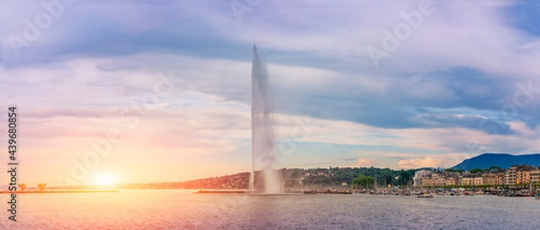 Obraz The Jet d'eau foutain, View on famous big fountain on geneva lake leman Jet d'eau at sunrise sunset, Switzerland