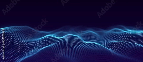 Fototapeta Abstract wave with moving dots. Flow of particles. Cyber technology illustration. 3d rendering