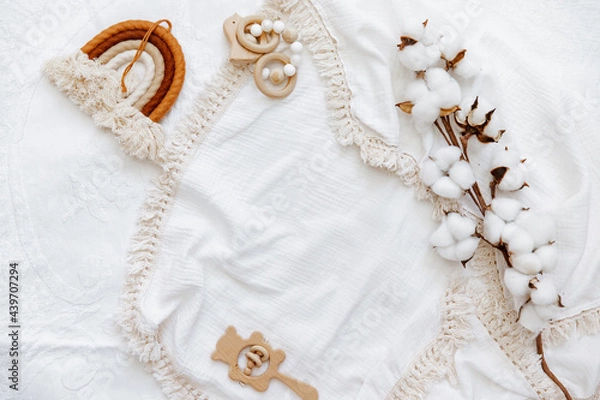 Obraz Still life background of cute newborn accessories on white background
