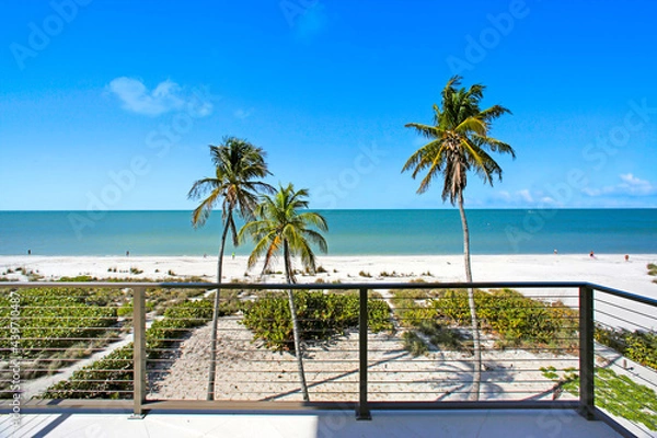 Fototapeta Balcony with beach view and palm trees in Florida 