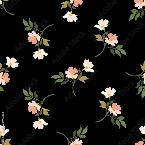 Fototapeta Vintage flowers. Seamless pattern. A branch of a blossoming tree. Flat vector isolated illustration. Pastel colors.