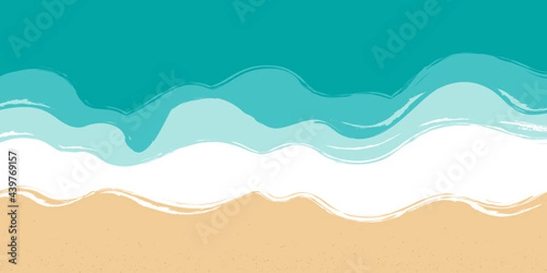 Fototapeta Beach, sand, seashore with blue azure waves. Sea coast top view, aerial view. Ocean, marine background. Hand drawn illustration.