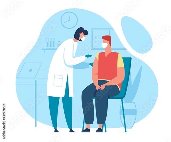 Obraz Vaccination. Doctor giving patient vaccine injection at hospital. Person getting vaccinated, coronavirus prevention, immunization vector concept. Nurse in uniform with syringe in hand