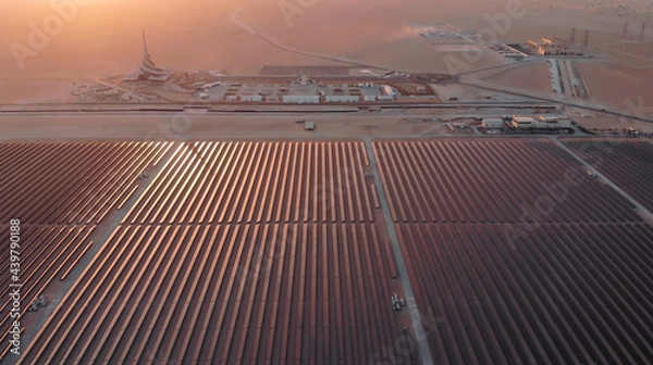 Fototapeta AERIAL. Top view of huge power plant and solar panel at UAE.
