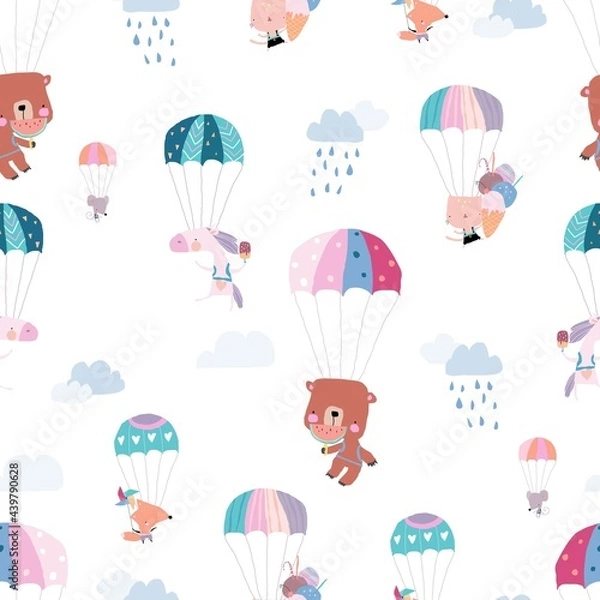 Fototapeta Seamless Pattern with Happy Animals flying with Colorful Parachutes in the Sky