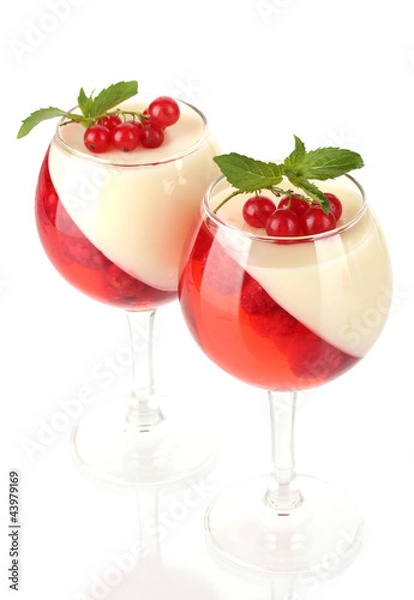 Fototapeta fruit jelly with chocolate and berries in glasses isolated
