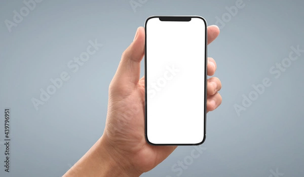 Fototapeta Hand holding smartphone device touching screen