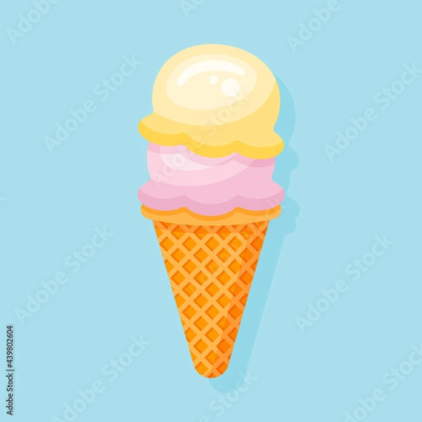 Obraz Ice cream cone with two scoops isolated on blue background. Flat style vector illustration.