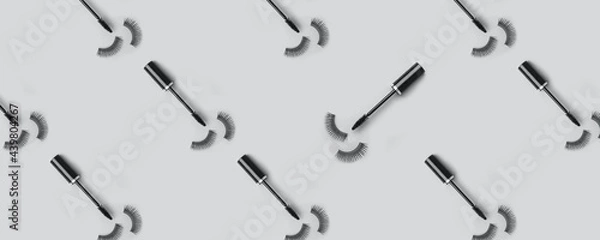 Fototapeta Set for eye lash extension on trendy gray background. Fake eyelashes, mascara brush, Beauty stylish seamless pattern concept, makeup cosmetics. Banner for site, header