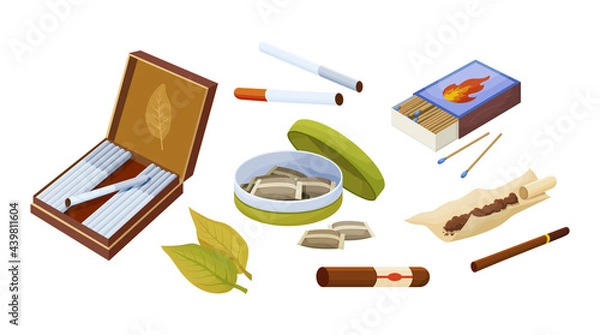 Fototapeta Collection tobacco products. Set of different things and accessories for smoking vector illustration