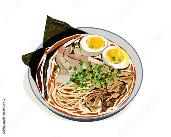 Obraz Pork noodles with mushroom and boiled eggs and seaweed. Japanese food close up top view drawing vector illustration. Anime food
 