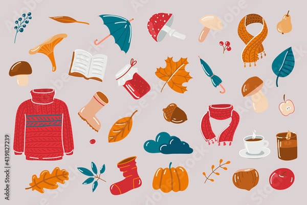 Obraz Set of vector hand-drawn autumn elements in warm colors. A collection of isolated seasonal icons: scarf, leaves, mushrooms, berries, jam, sock, boot, umbrella, tea, acorn, nut.