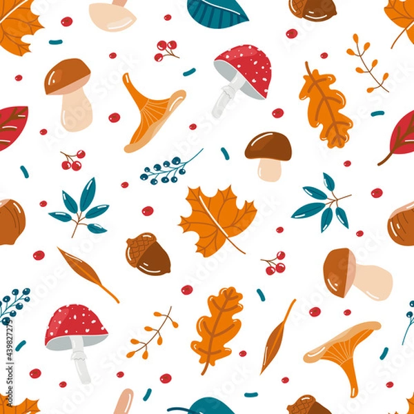 Obraz Vector seamless autumn background of leaves, mushrooms and berries. Fall elements on a white background.