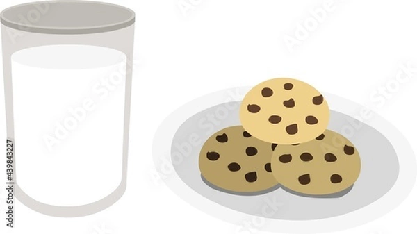 Obraz Vector illustration of a plate with cookies with chocolate chips and a glass of milk