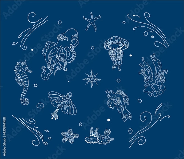 Obraz Vector marine set with 9 sea animals. Underwater world. Octopus, medusa, seahorse, starfish  and other unusual monsters in linear style.