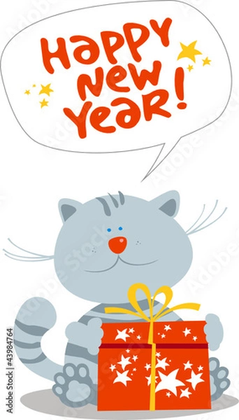 Obraz Card with cute little kitten with new year's gift