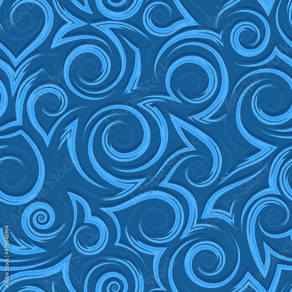 Fototapeta Vector blue geometric seamless pattern of flowing spirals curls and corners.Vector nautical geometric seamless texture of smooth and broken lines.Stylized blue pattern of water flow or waves.