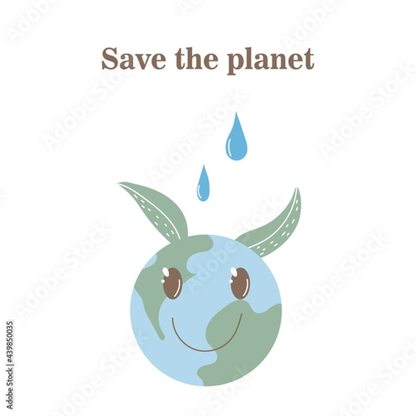 Obraz Let's save our planet. Vector illustration on white background. A smiling earth globe. Lettering