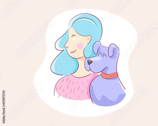 Fototapeta Beautiful girl next to a fold dog in red collar. Color vector illustration of human and pet friendship.