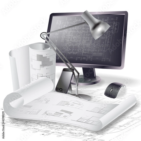 Obraz Architectural background with a monitor