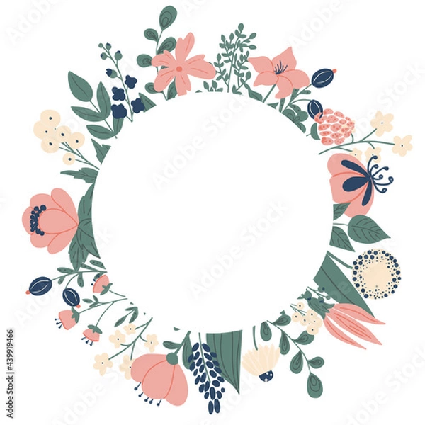 Fototapeta botanic card with wild flowers, leaves. Spring ornament concept.  Vector layout decorative greeting card or invitation design background. Hand drawn illustration. Decorative floral wreath.