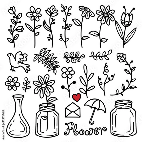 Fototapeta Hand drawn flower and leaf elements doodle. Branches, petals, flowering plants. Isolated on white background. Vector print illustration