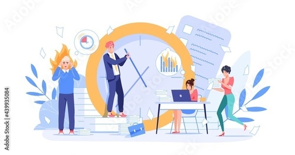 Fototapeta Vector cartoon flat employees characters at work deadline scene.Unhappy upset employee office workers in panic,overwork in deadline stress situation-office workflow,web site banner concept