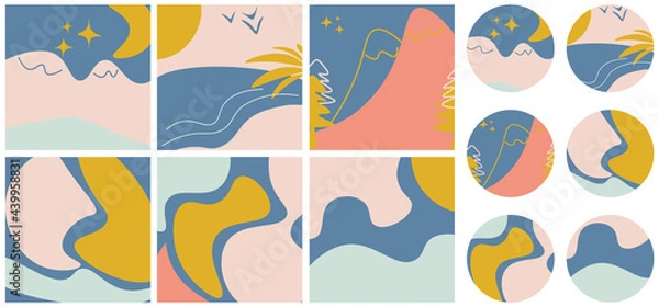 Fototapeta Bundle of editable insta templates and highlights covers. Vector layouts with hand drawn organic sun, sea and mountain shapes and textures. Abstract backgrounds.Trendy design for social media 