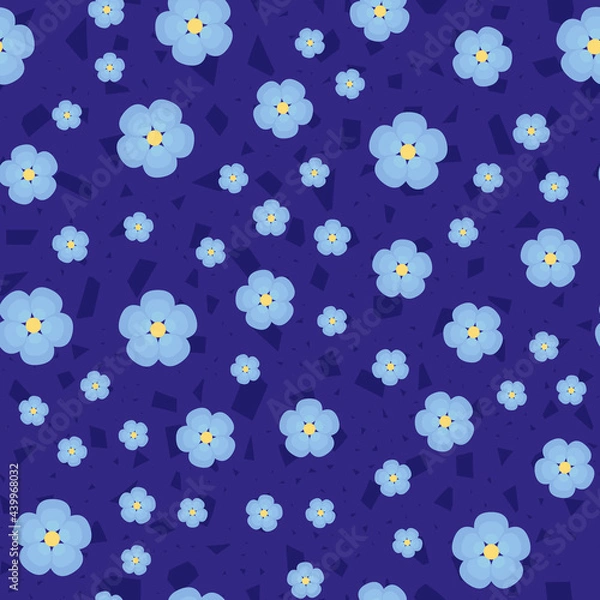 Fototapeta Blue flowers pattern. Seamless blue floral pattern from Forget-me-nots with geometric shapes on a green background. Endless ornament for textiles and designs, baby clothes or bedding. Vector 